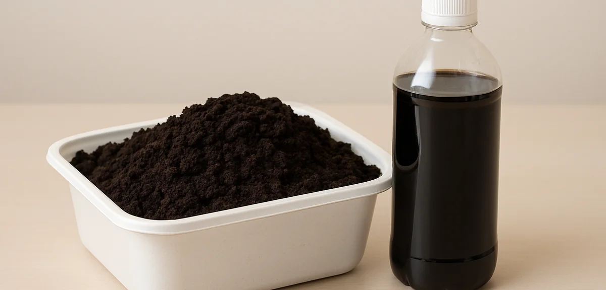 Dark fine worm castings in one container and a bottle of liquid fertilizer beside it, showing the tw