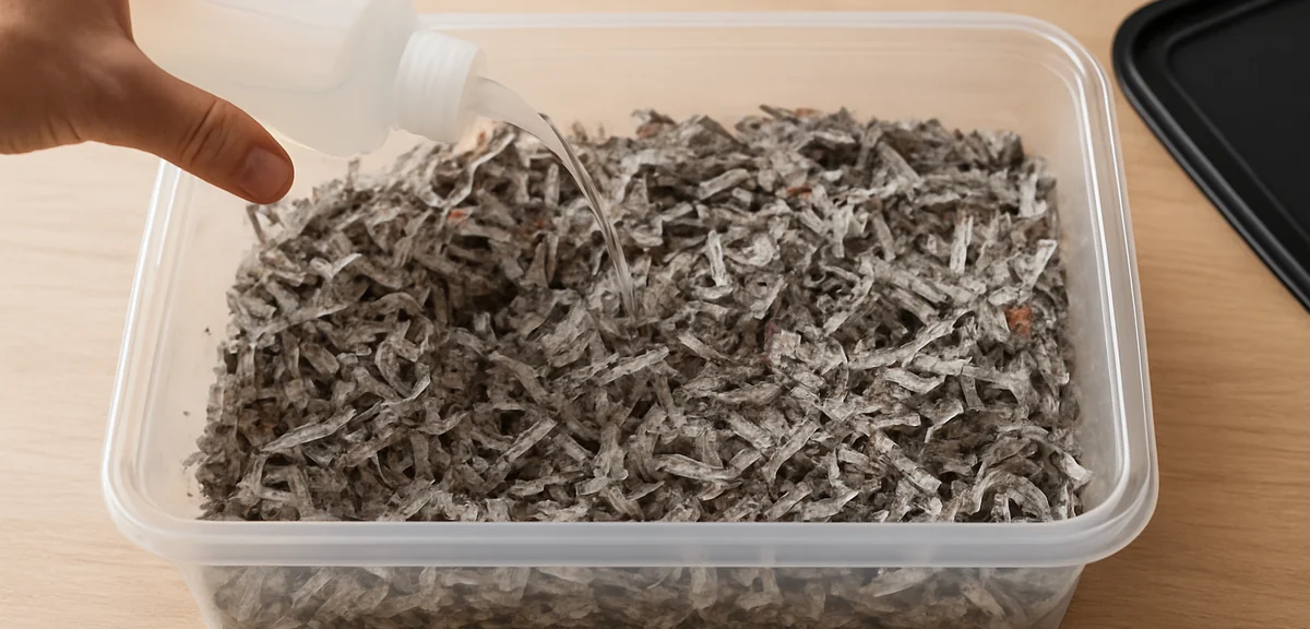 Shredded newspaper bedding being moistened and layered in a plastic bin before adding worms, step by
