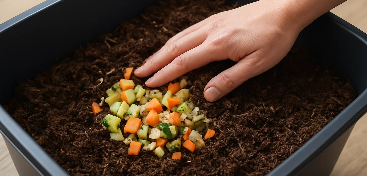 Kitchen vegetable scraps chopped small being buried under bedding material in a worm bin, showing th