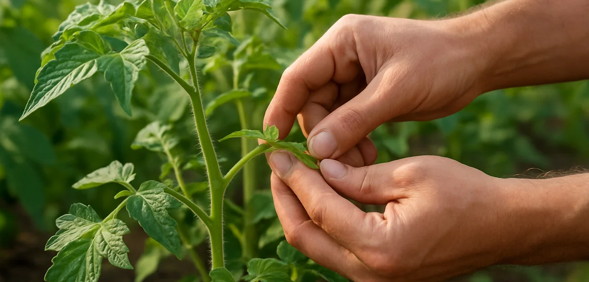 A gardener pinching side shoots on tomato plants with bare hands in a home vegetable garden, showing