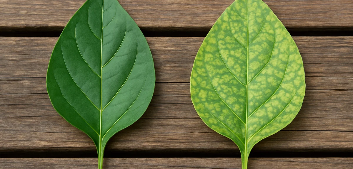 Side by side comparison of a healthy green pepper leaf and a leaf with a pale yellow green mottled m