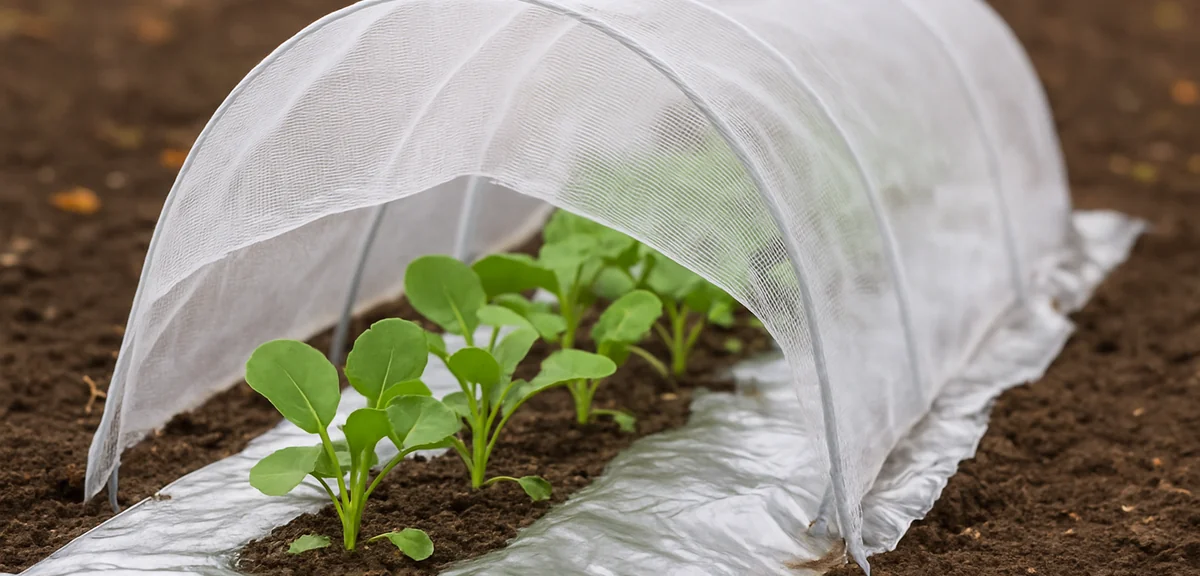 Young daikon radish seedlings covered with fine white insect netting over hoops, silver reflective m