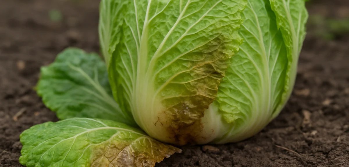 Close up of the outer leaves of a napa cabbage at soil level showing translucent water soaked spots