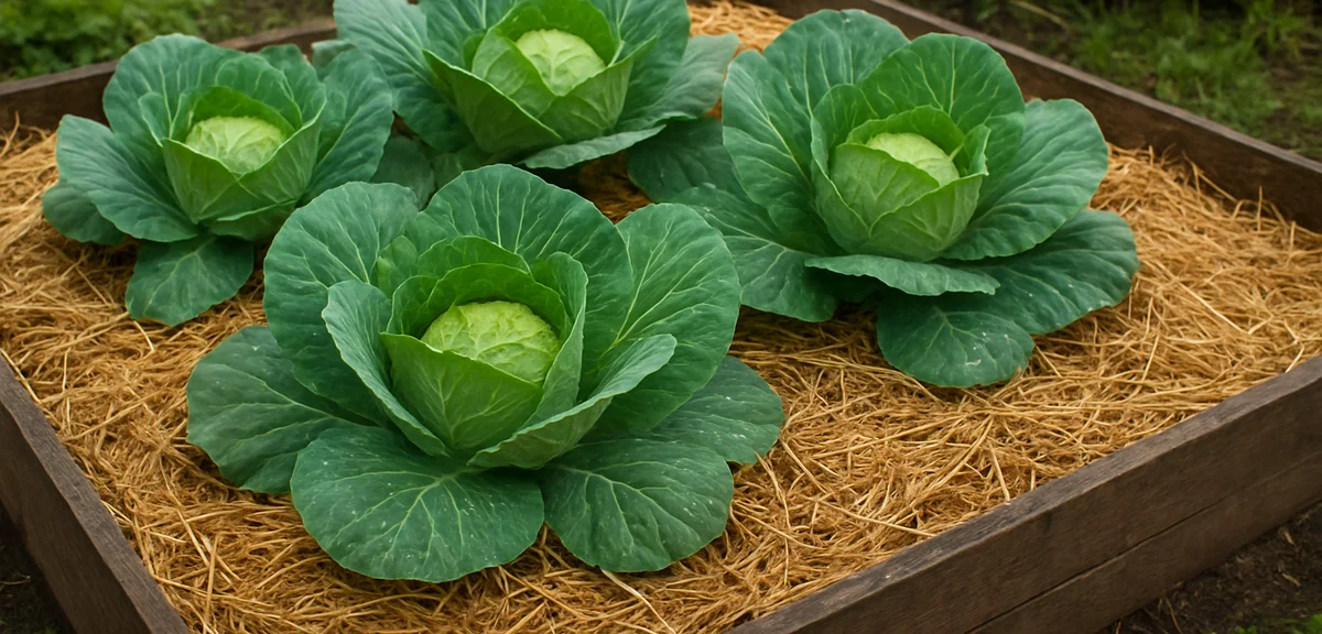 A raised vegetable bed with straw mulch spread thickly around the base of cabbage plants so no bare