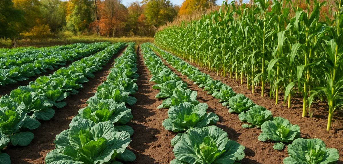 A vegetable garden with alternating rows of leafy brassicas and tall sweet corn on raised beds, wide