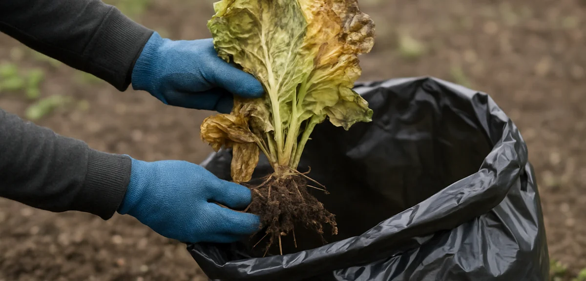 Gloved hands lifting a collapsed diseased cabbage plant directly into an open waste bag held beside