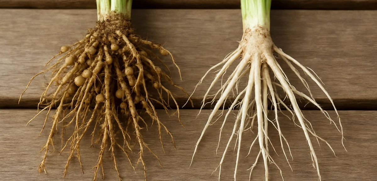 Side by side comparison of two washed vegetable root systems on a wooden bench, one with many small