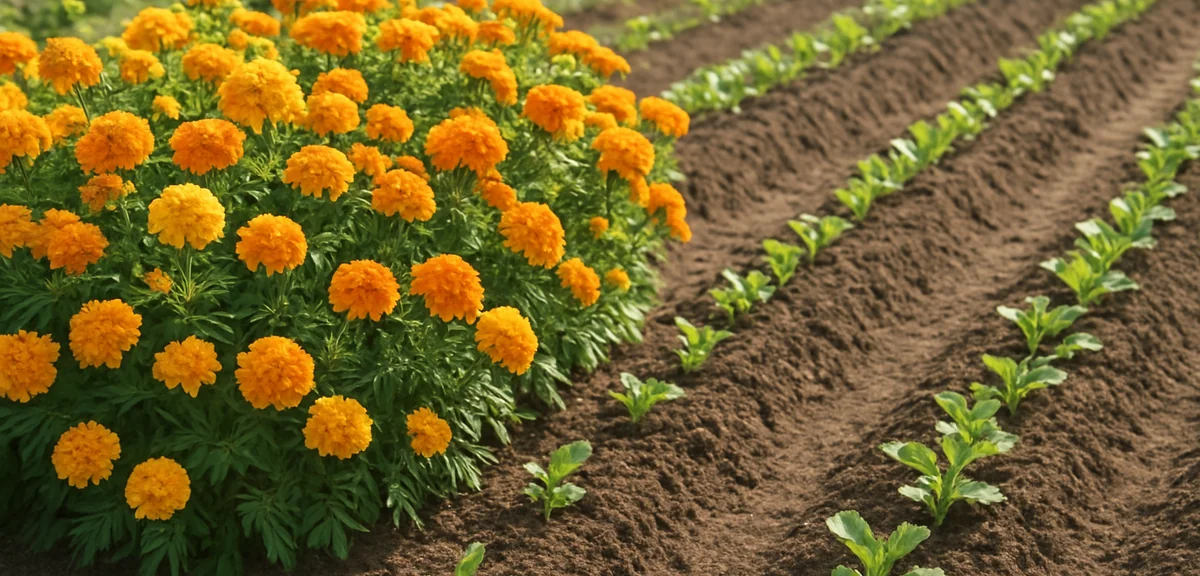 A garden bed planted densely with french marigolds in flower between empty vegetable rows, summer af
