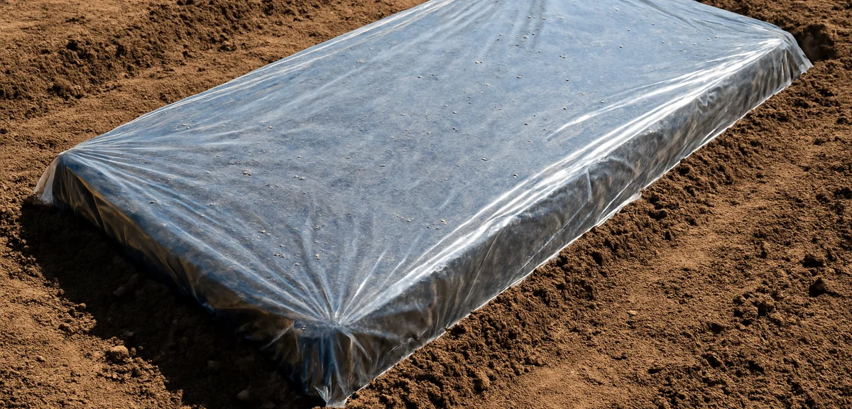 A vegetable garden bed covered with clear plastic film stretched tight over moist raised soil with e