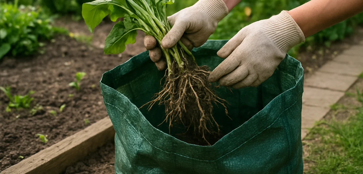 Gloved hands placing a pulled vegetable plant with knotted roots into a garden waste bag beside a be