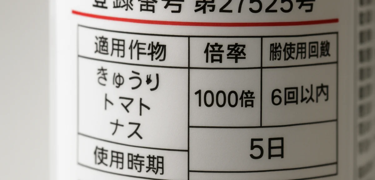 Close up of a Japanese pesticide product label showing registration number, applicable crops, diluti
