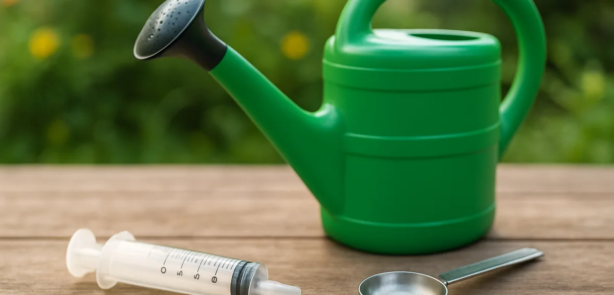 A measuring spoon and syringe beside a watering can, showing accurate dilution of garden chemicals,