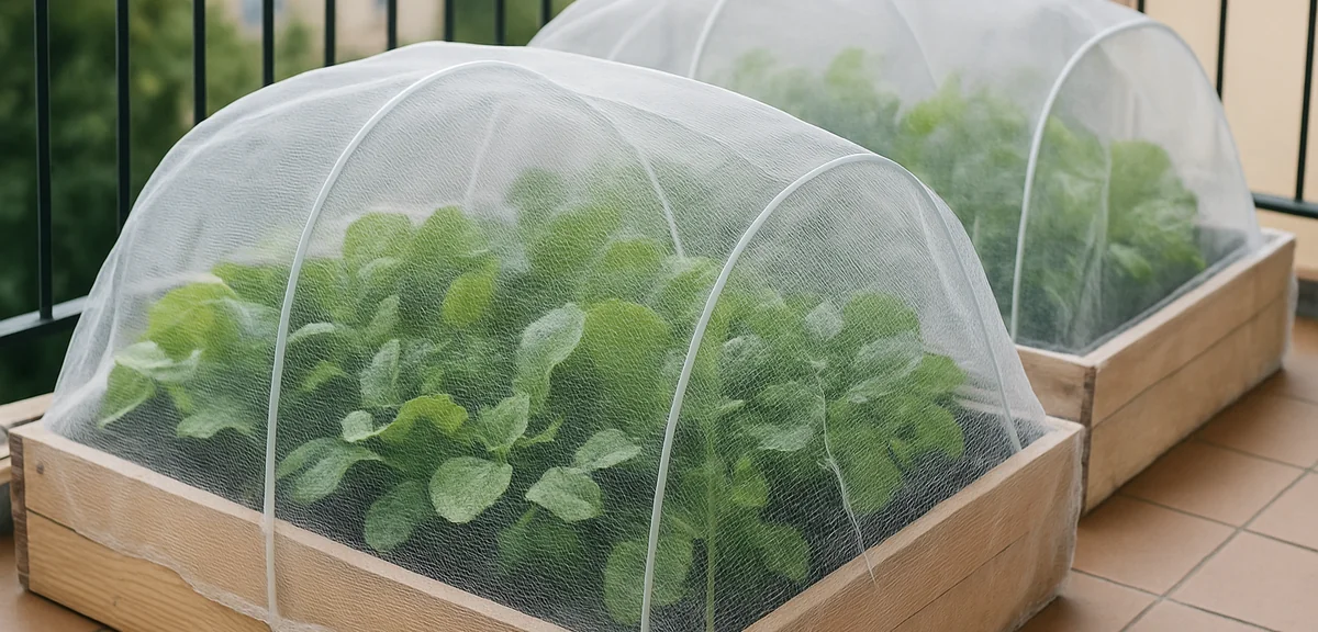 Fine insect netting stretched over vegetable planters on a balcony as a chemical free pest barrier,