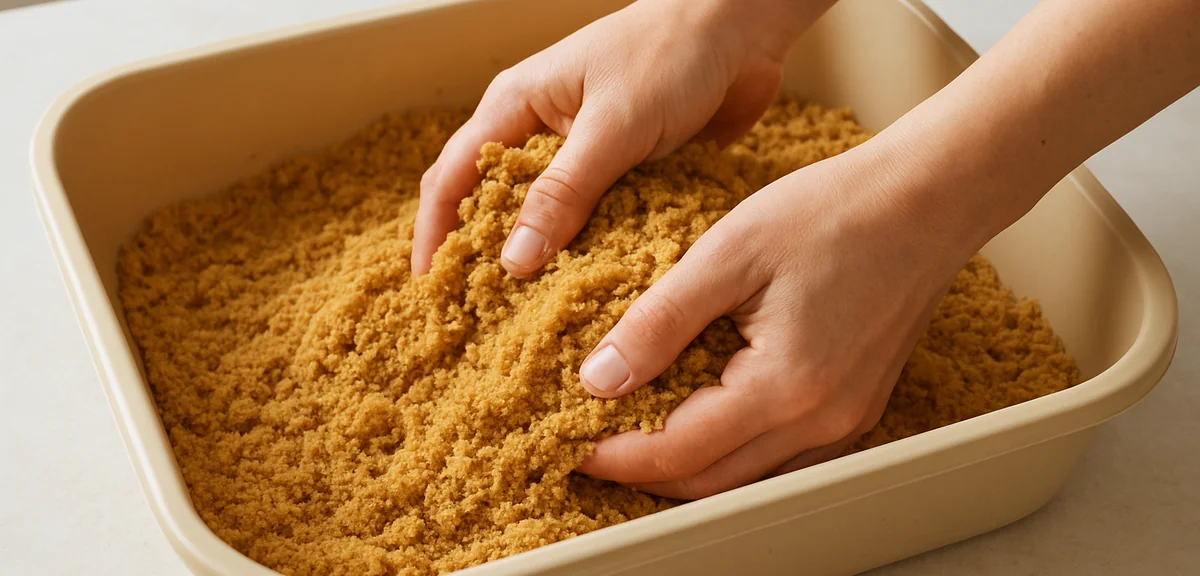 Hands turning over rice bran in a container from the bottom up, showing the correct mixing motion, k