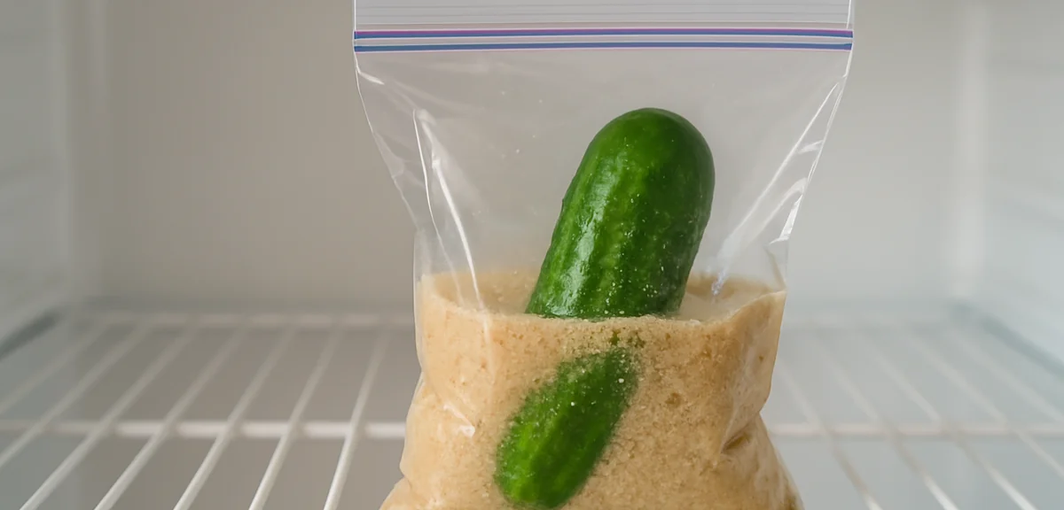 A small zip lock bag of rice bran bed with a single cucumber inside, stored on a refrigerator shelf,