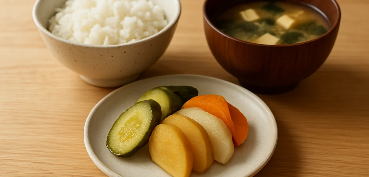 Sliced nukazuke pickles arranged on a small plate beside rice and miso soup, simple Japanese meal, w