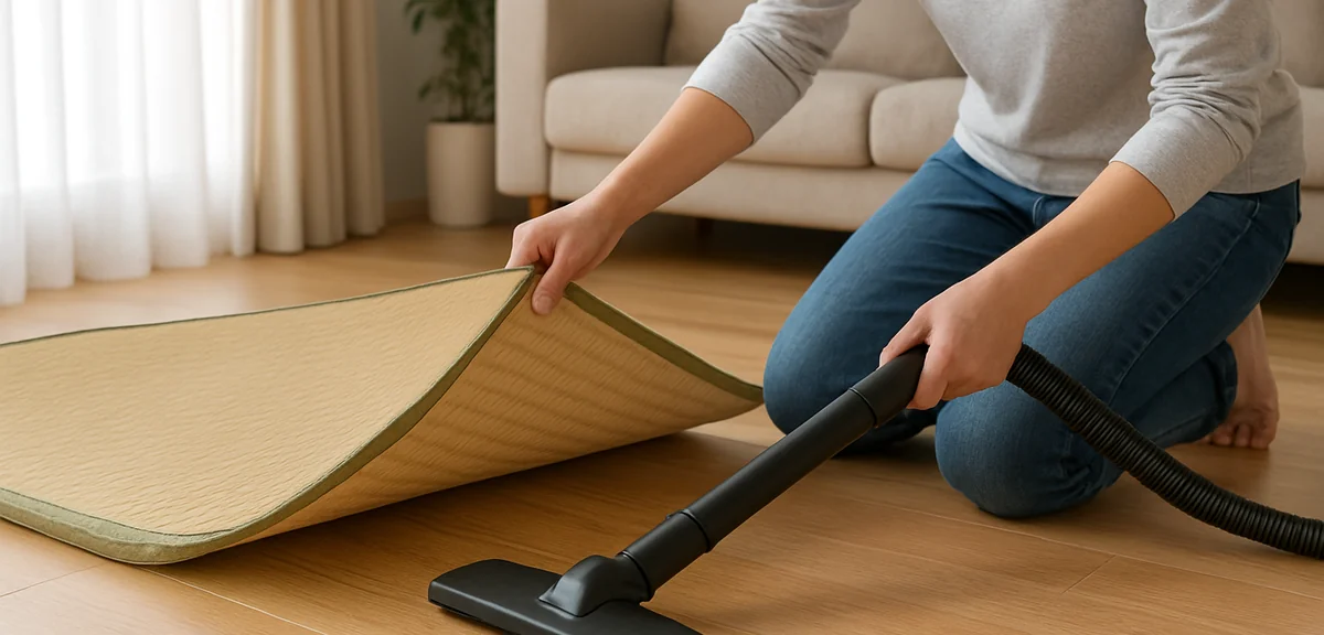 A person lifting one tatami mat to vacuum the wooden floor underneath, cleaning routine in a bright