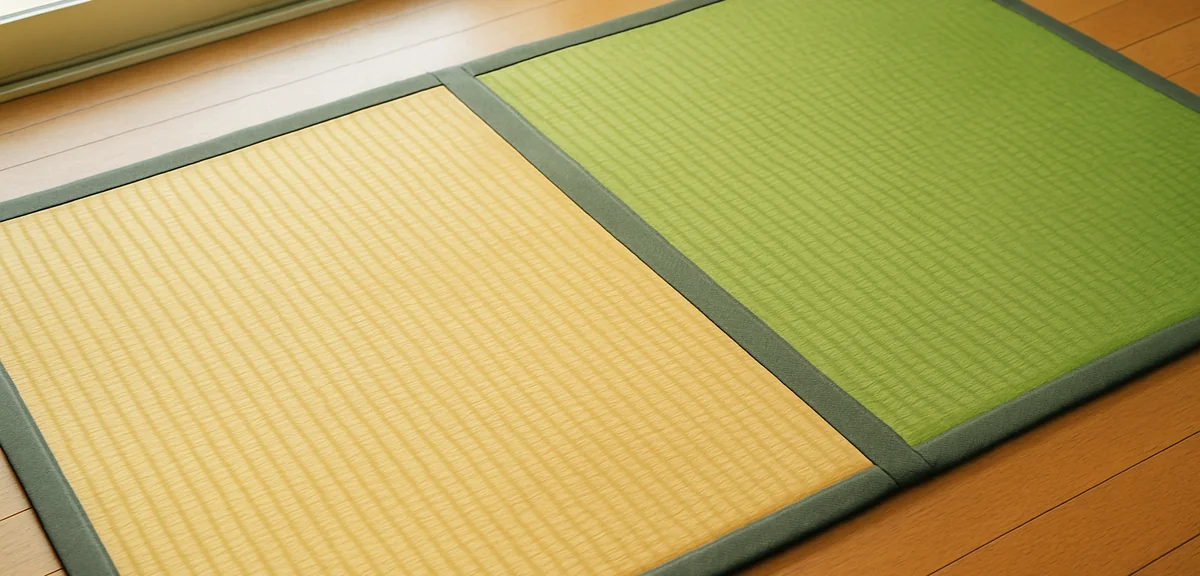 Two tatami mats side by side showing a color difference between a sun faded yellowed mat and a fresh