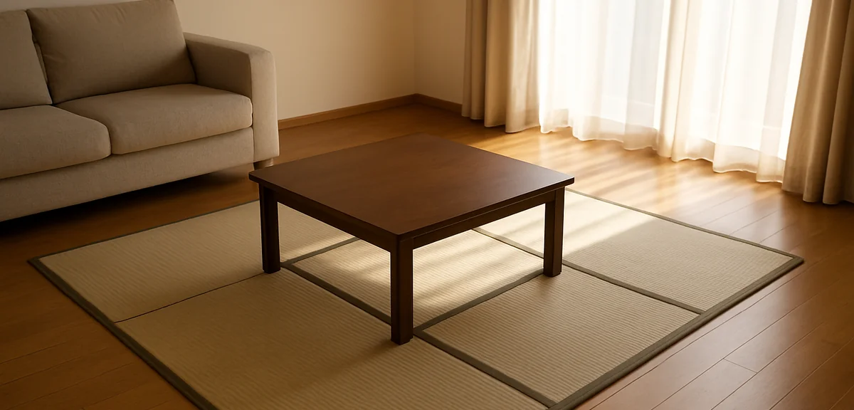 A corner of a living room fitted with four tatami mats forming a small japanese style area with a lo