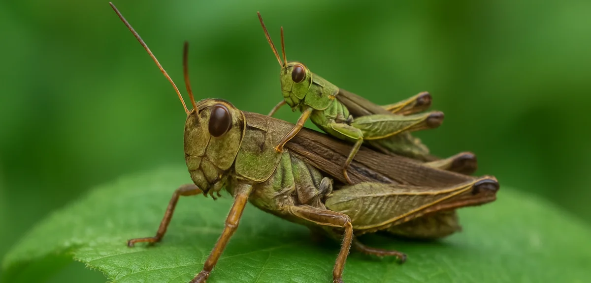 A smaller male grasshopper riding on the back of a larger female grasshopper on a green leaf, close
