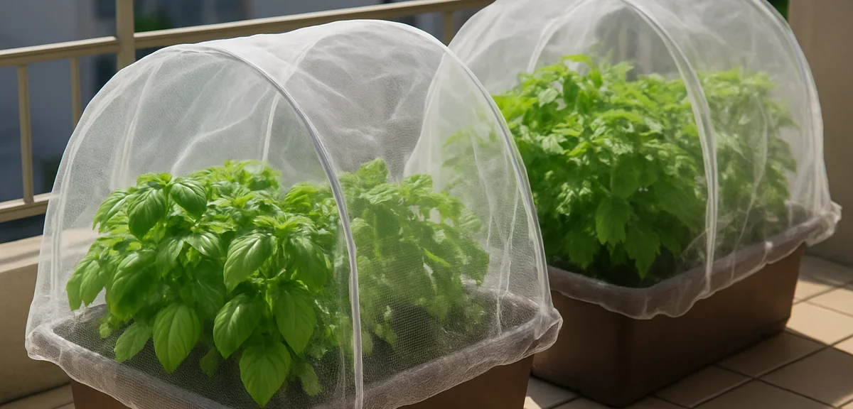 Basil and shiso plants growing in planters covered with fine white insect netting over hoops on a su