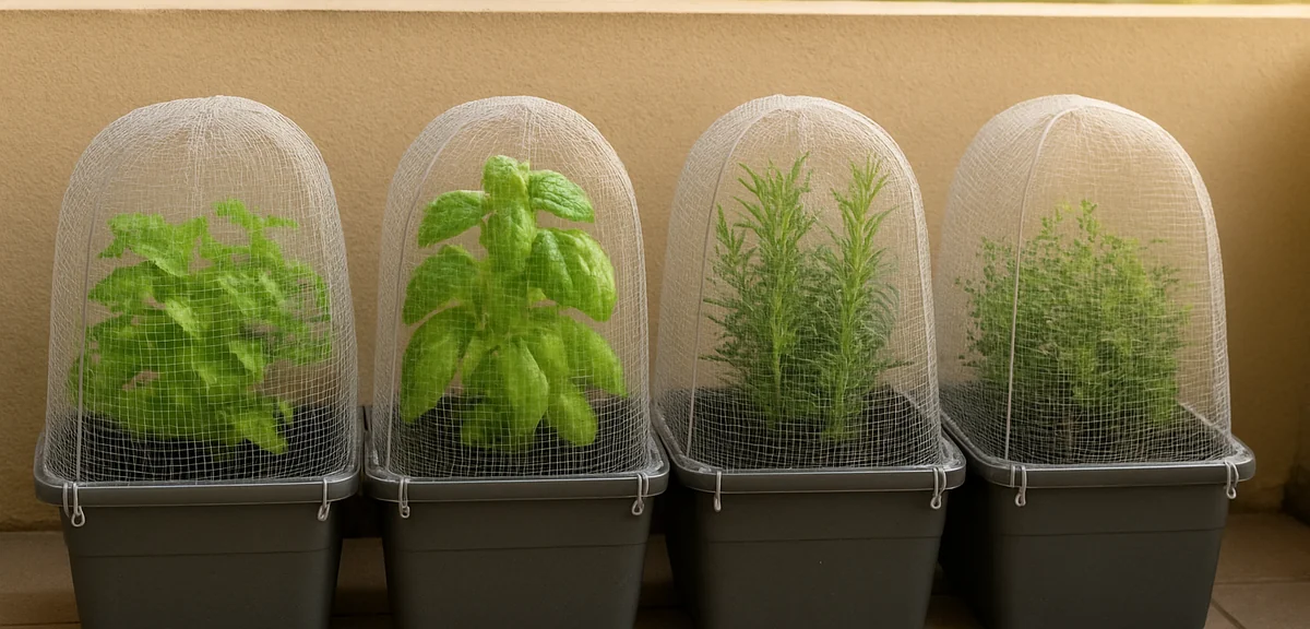 Herb planters lined up along a balcony wall with fine mesh covers secured at the base with clips, or