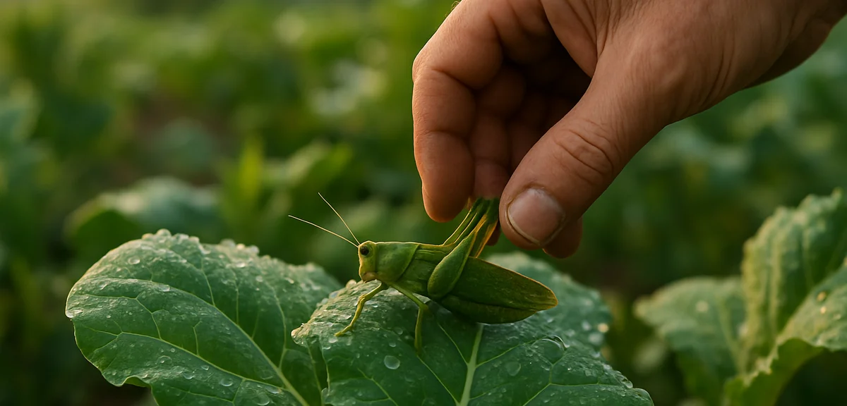 A gardener hand picking a grasshopper off a vegetable leaf in the early morning, dew on the leaves,