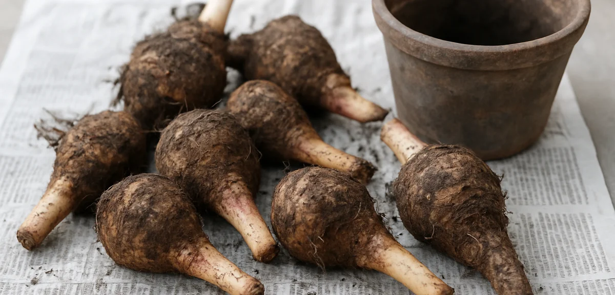 Freshly harvested taro corms with soil still attached, laid out on newspaper beside an emptied plant