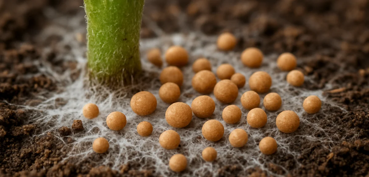 Small round light brown sclerotia the size of rapeseed scattered on white fungal mycelium at the bas