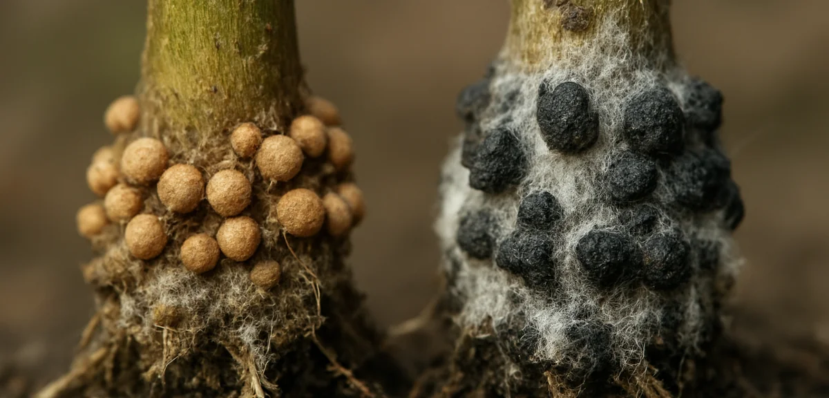Comparison of two diseased plant bases side by side, one with light brown round sclerotia and one wi