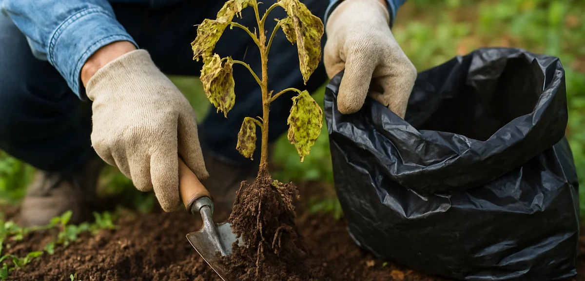 A gardener removing a diseased plant together with the surrounding soil using a trowel and placing i
