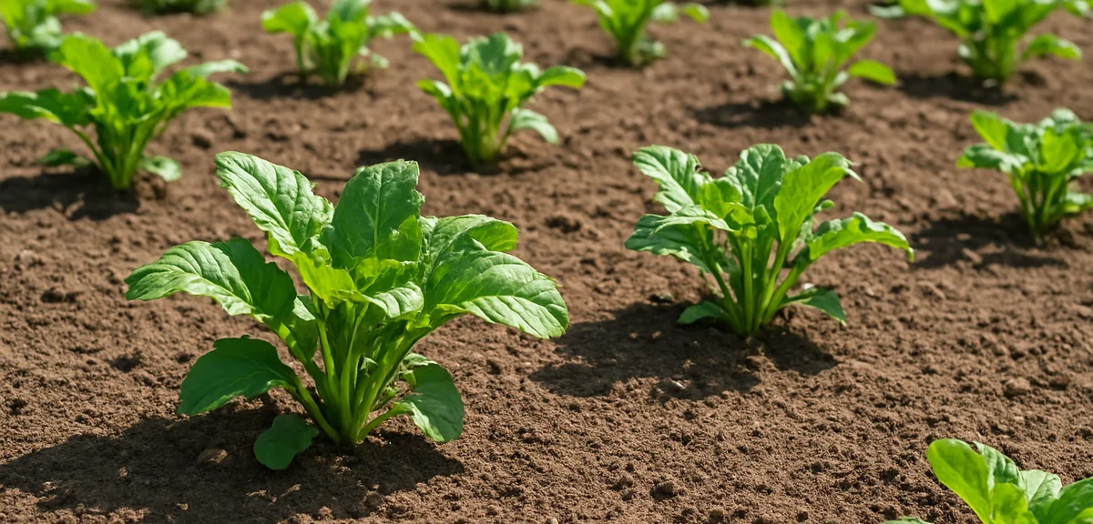 Vegetable plants spaced widely apart with clear airy soil surface at their bases in a summer garden,