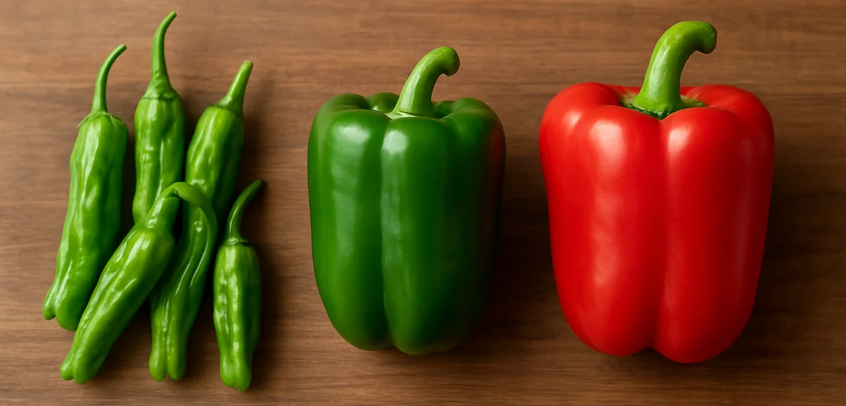 Comparison of shishito peppers, bell peppers and paprika arranged side by side on a wooden board sho