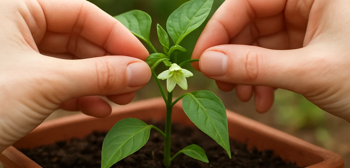 Hands pinching off the first flower from a young pepper seedling in a planter, close up instructiona