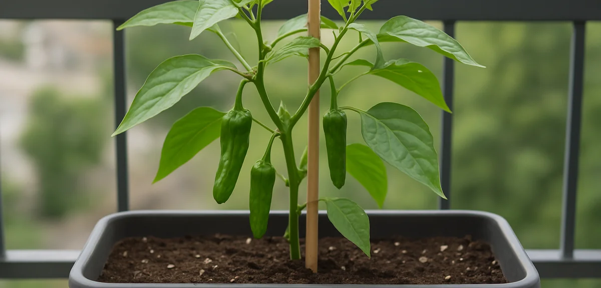 Shishito pepper plant trained to three main stems with lower side shoots removed, supported by a sta