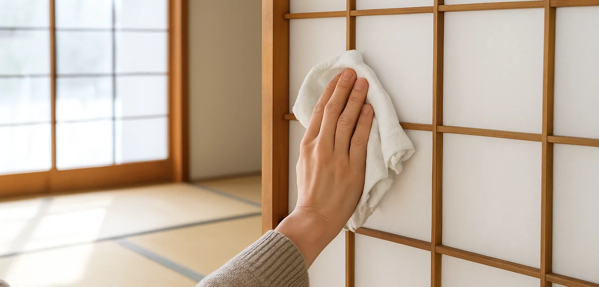 A person wiping the wooden frame of a shoji screen with a cloth during year end cleaning in a tatami