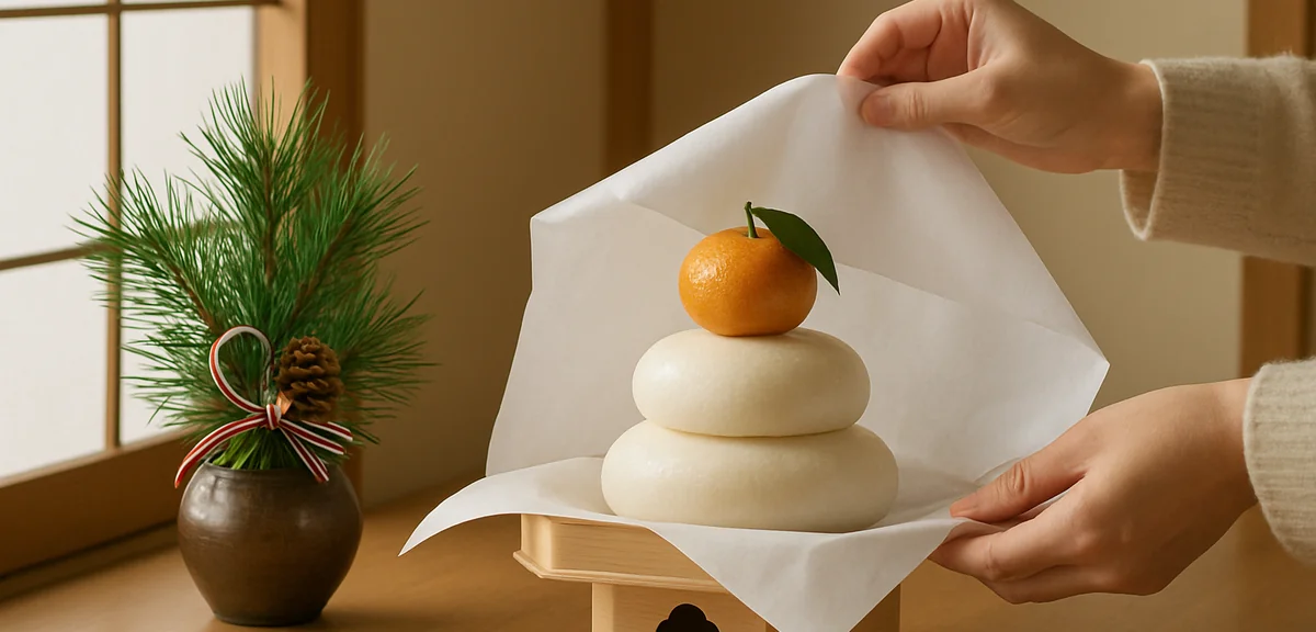 New year decorations including a small pine arrangement and a rice cake offering being taken down an