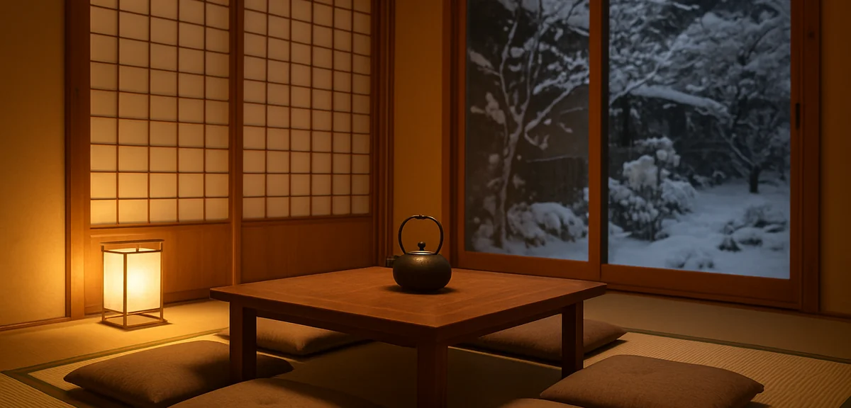 A tatami room prepared for new year guests with floor cushions arranged around a low table and a ket