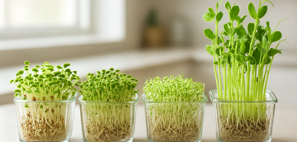 Several containers of different sprouts side by side on a kitchen counter, radish sprouts broccoli s