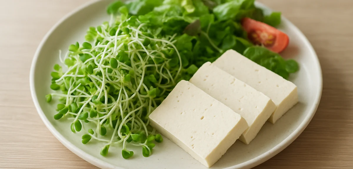 Fresh radish sprouts arranged on a plate with tofu and a salad, ready to eat, simple home cooking ph