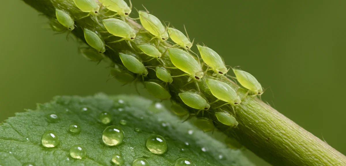 Aphids clustered on a plant stem with shiny sticky honeydew droplets on the leaf below, early stage 