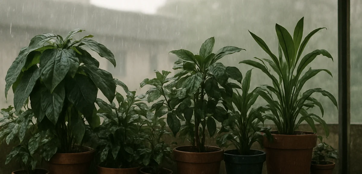 Potted plants crowded together under a balcony roof where rain does not reach, leaves looking dull a