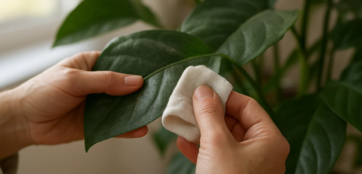 A gardener gently wiping black sooty film from a plant leaf with a soft cloth while supporting the l
