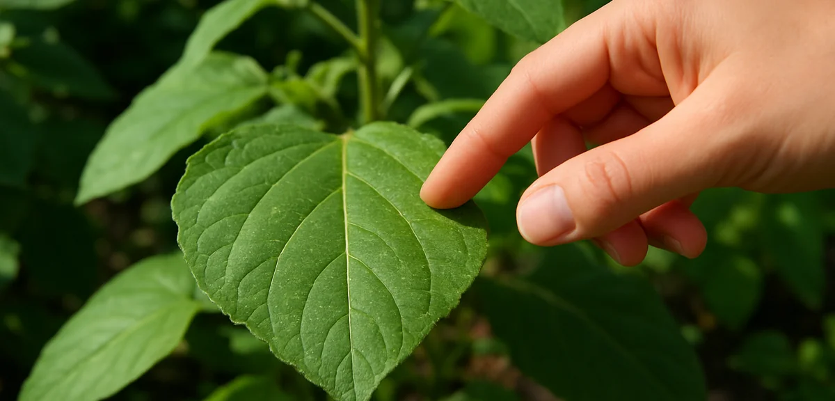 A hand touching the upper surface of a leaf to check for sticky honeydew residue, inspection gesture
