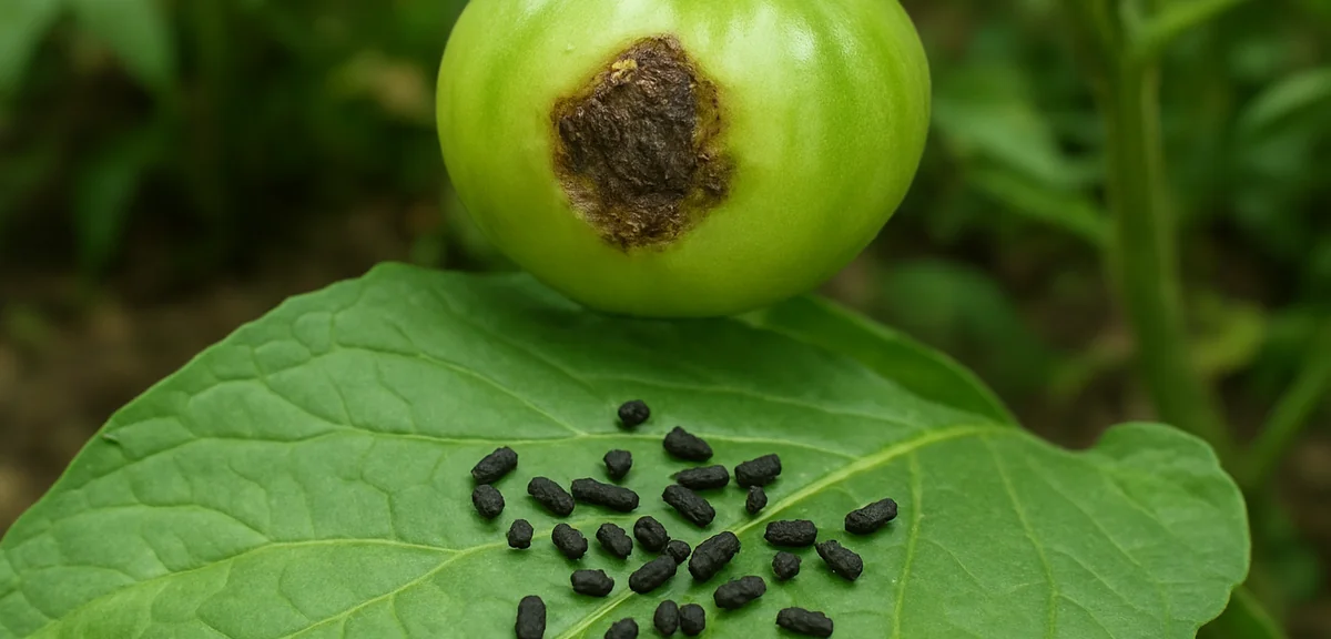 Dark caterpillar frass pellets scattered on a leaf below a damaged fruit in a vegetable garden, evid