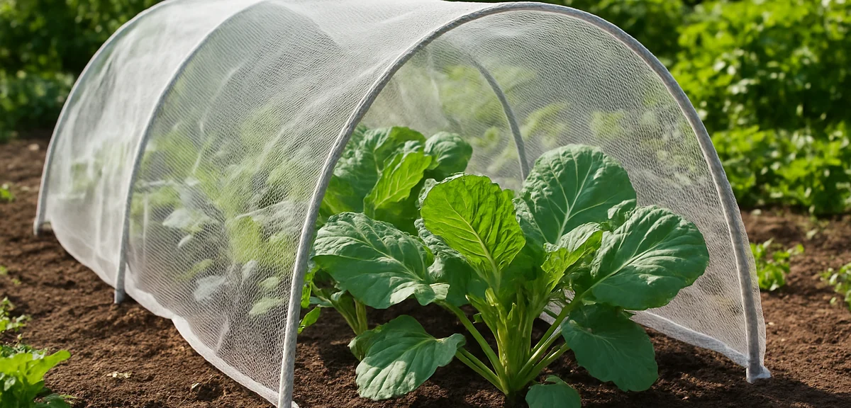 Vegetable plants growing under a fine mesh tunnel cover in a home garden in late summer, protecting