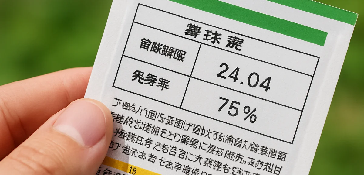 Close up of the back of a Japanese vegetable seed packet showing printed expiry date and germination
