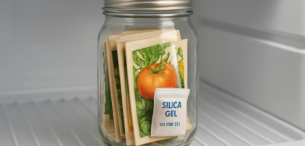 Seed packets stored inside a sealed glass jar with a silica gel packet, placed on a refrigerator she