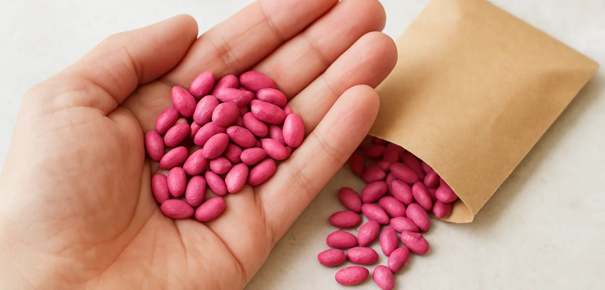 A hand holding colored treated vegetable seeds in a palm next to a packet, showing the pink coating