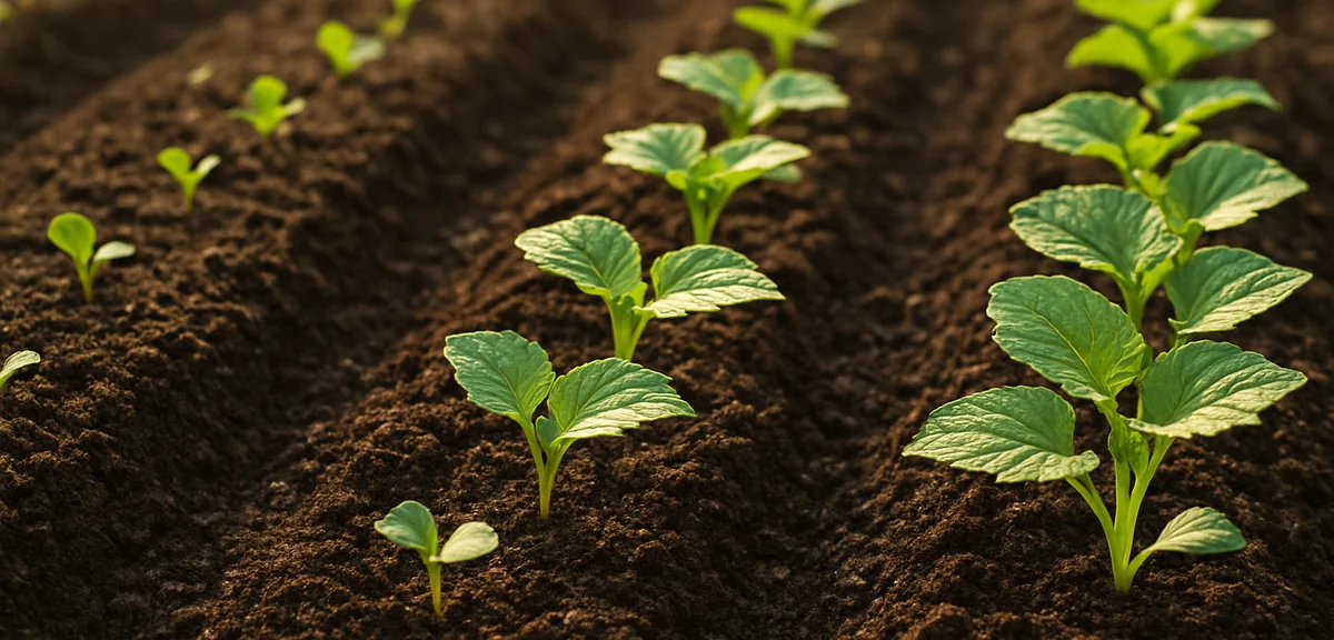 Leafy green seedlings at three different growth stages in adjacent rows of a planter, showing stagge